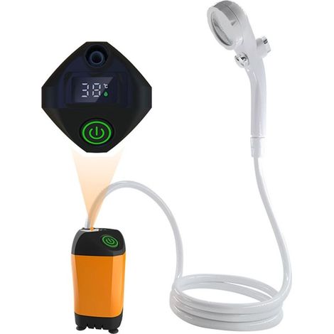 Douche de camping portable rechargeable avec pompe à affichage de la température, ensemble de douche d'extérieur mobile avec pommeau de douche et tuyau pour randonnée, voyage, plage, jardin (1/5)