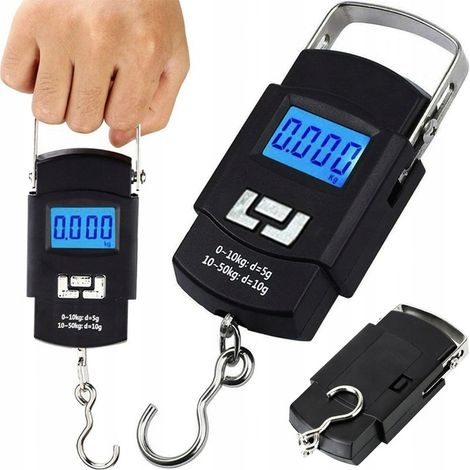 Bilancia da viaggio con display LCD e amo da pesca, portata massima 50 kg.