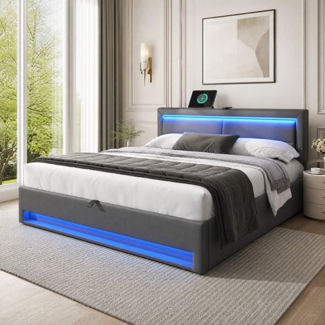 Lit coffre 160x200 cm en PU gris, avec rangement pour chambre, sans matelas FloraGrace (1/5)