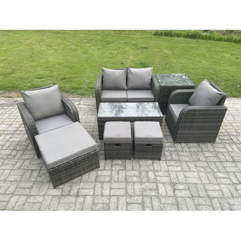 Fimous 7-Sitzer Rattan Lounge Sofa Set Gartenmöbel-Set mit Rechteckiger Couchtisch Love Sofa Beistelltisch 3 Hockern Dunkelgrau Gemischt (1/5)