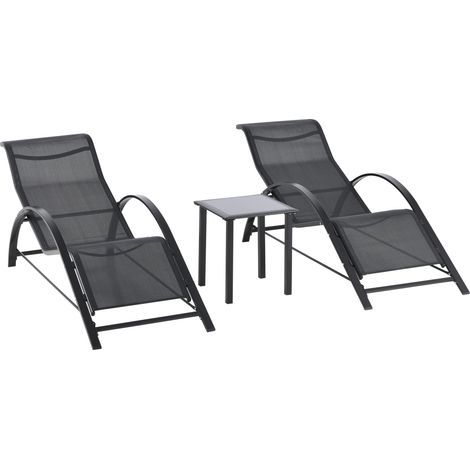 Lot 2 transats design table basse verre trempé métal époxy textilène noir bain soleil lounge contemporain (1/5)