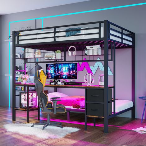 Cama alta de metal negra 140x200 cm con escritorio, cajones, estantes, rejilla y luz LED USB (1/5)