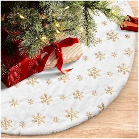 48 inches/122cm Jupe de Sapin de Noël pour Arbre de Noël Décorations de Fête de Vacances Blanc en Peluche Doré Sequin Flocon de Neige (1/4)