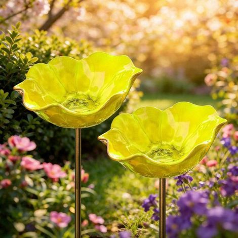 Bain d’Oiseaux Sur Pied Sans Marque Modèle 14x14x65 cm, Abreuvoir Jardin Forme Fleur en Alliage Résistant, Jaune (1/4)