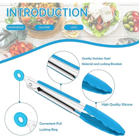 Set di 5 pinze da cucina in silicone, lunghe 18 cm, con manici in acciaio inox e punte in nylon. Pinze antiaderenti e resistenti al calore. Ideali per insalate, grigliate, fritture e cottura al forno. (1/5)