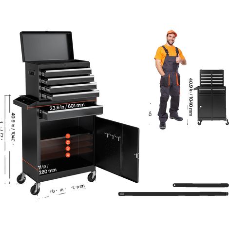 Coffre à outils, 5 tiroirs, design mobile, noir (1/2)