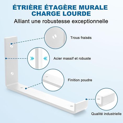Equerre Etagere Murale Blanche, Support Acier 5mm Étagère Charge Lourde Rebords Anti-Glissement - Fixation Équerre Étagère 30cm (1/3)