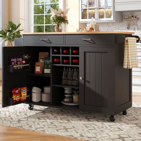 Carrito de cocina con ruedas, 2 puertas y 2 cajones, estantes ajustables, almacenamiento abierto, MDF, 102x45x92 cm, negro