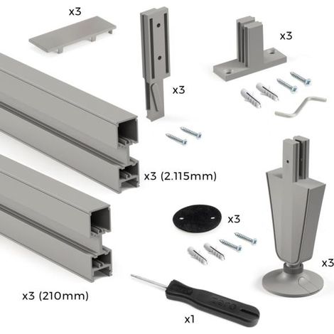 Emuca Lote de 3 estructuras Zero con herrajes y perfiles para montaje al suelo y a pared con nivelador circular, Aluminio y Zamak, Gris piedra - (1/10)