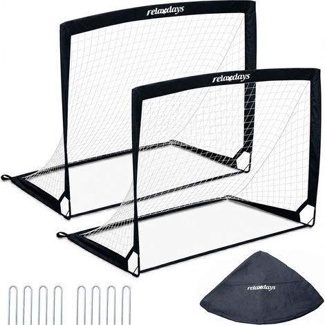 Relaxdays Football Goal 2-pack, H×W×D 90×120×90 cm, foldable with ground pegs & carry bag, kids garden goal, black (1/5)
