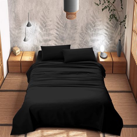 Completo Letto 100% Puro Cotone Set Lenzuola Tinta Unita Lenzuolo Sotto Sopra e Federe Copri Cuscini Biancheria Da Letto Nero - Singolo