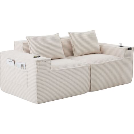 Sofá modular biplaza de pana beige con portavasos y bolsillos, muelles y espuma, sin montaje (1/5)