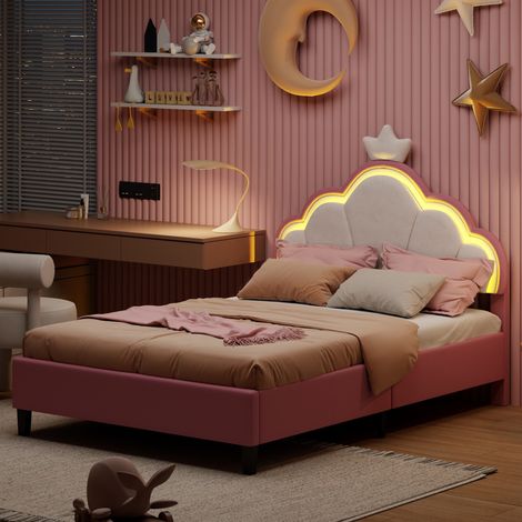 Polsterbett 140x200 cm im Prinzessinnen-Kronen-Design - Verstellbares LED-Kopfteil und Lattenrost - Samt - Rosa