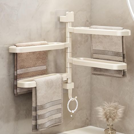 Toallero giratorio, toallero autoadhesivo de ABS con ganchos para baño y cocina, cuatro brazos, beige. (1/4)