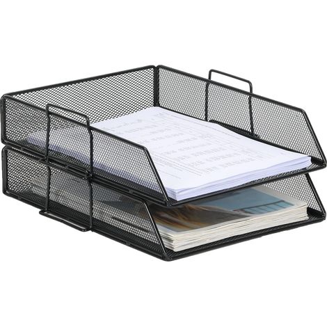 EasyPAG Lot de 2 Métal Portrait Empilable Corbeilles à Courrier A4 Banette de Rangement Bureau Porte Revue Organisateur de Magazine Bannette Papier Range Document,Noir