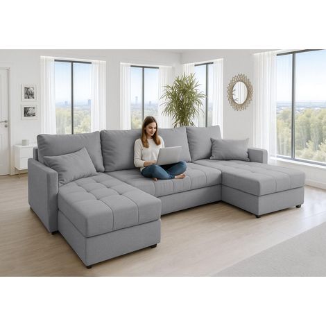 AX LIVING Ecksofas groß Dolceo 287 cm – Sofa grau mit Schlaffunktion & Ottomane