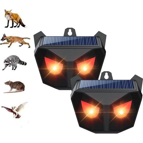 Répulsif de Renard, Ultrasons pour Rats, avec lumière LED Intense, alimenté par USB et énergie Solaire, Répulsif Animal extérieur pour écureuil, Chat, Chien, Souris, Oiseau(2pack)