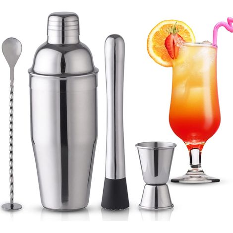 Shaker à cocktails en acier inoxydable avec accessoires de bar, set de mixage de 750 ml pour bar à domicile, comprenant shaker, verre doseur, cuillère et pilon.