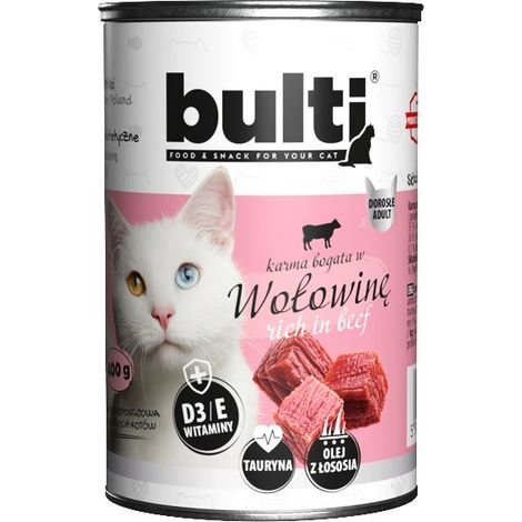 Alimento húmedo para gatos BULTI sabor carne de res, lata de 400 g.