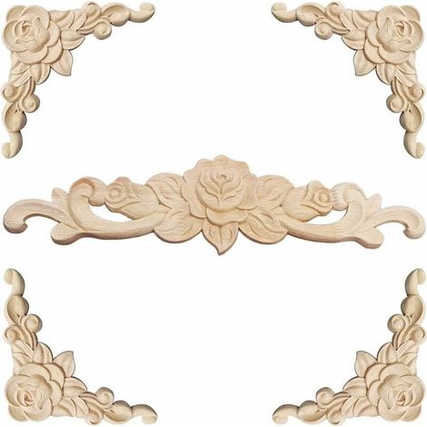 Moulure Decorative Bois 5 Pièces Sculpture Bois Moulure Décorative Bois Applique Moulure Rosace Decorative Floral Bois Sculpte Decal Sculpté d'angle Decoratif pour Décoration Meuble (1/4)
