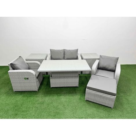 Fimous Light Grey PE Wicker Rattan Garden Furniture Set Sofa Set Reclining Chair Adjustable Lifting Dining or Coffee Table 5 Seater With Footstool 2 Side Table (1/5)