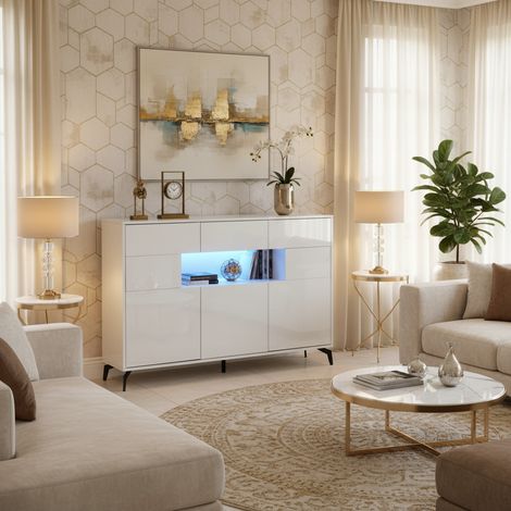 URBAN MEUBLE Buffet blanc brillant niche au centre avec éclairage LED intelligent 3 tiroirs 5 portes 140x30x94cm (1/5)
