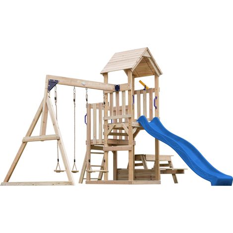 Axi Mette Aire De Jeux En Bois Avec 2 Balançoires, Toboggan Bleu, Table De Pique Nique / Aire De Jeux Extérieur Avec Balançoires/ Bac À Sable/Téléscope Portique Balançoire/Jeux En Bois Extérieur