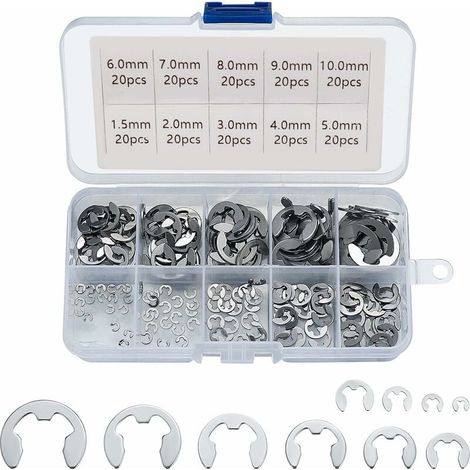 E-Clip-Ringe, Edelstahl 304, Außensicherungsringe, Sortiment an Sicherungsringen in den Größen 1,5/2/3/4/5/6/7/8/9/10 mm, verschiedene Anwendungen, 200 Stück (1/5)