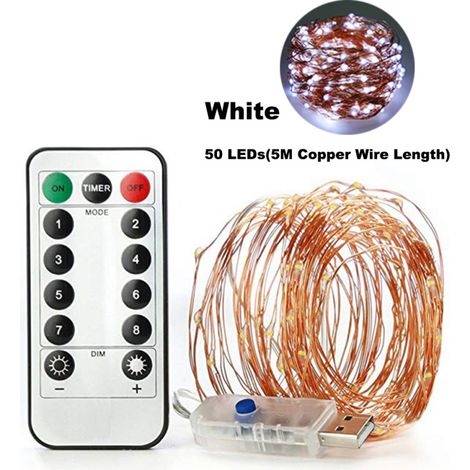 LED-Lichterkette, 8 Modi mit Fernbedienung, 50 Lichter, Kupferdraht, 5 m (gold) (1/5)