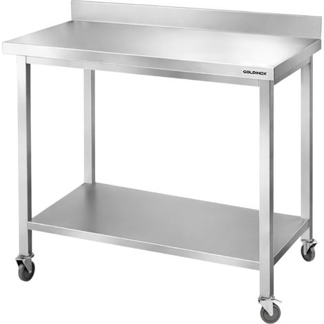 Table de travail en inox Bar 1200x700 mm avec 1 étagère inférieure et dosseret sur roulettes PREMIUM - GOLDINOX (1/2)