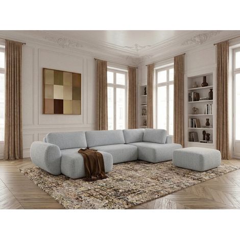 BOBOCHIC - Canapé panoramique convertible coffre DENISE tissu texturé avec pouf Angle gauche  Gris clair