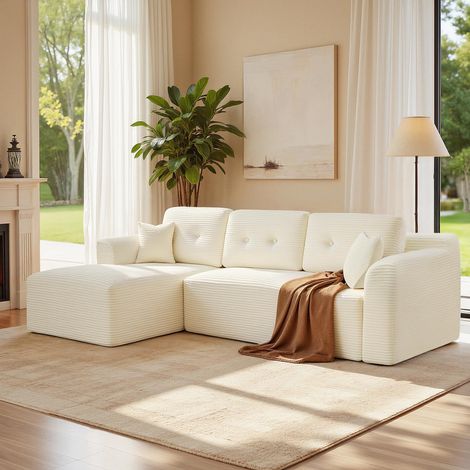 Canapé d’Angle, Canapé Modulable 244 cm, Livré Compressé en Colis, sans Montage, avec Grande Méridienne à Gauche, pour Salon, Chambre d’Amis, Blanc Crème LCS183WD01 (1/5)