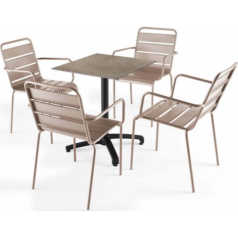 Ensemble table terrasse stratifié marbre beige et 4 fauteuils taupe (1/5)