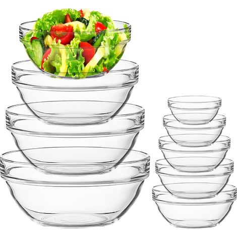 Lot de 9 Bols en Verre, Empilables, Transparents, Capacités 35ml à 2,8l, Cuisine