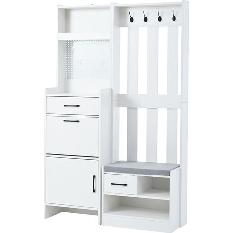 Perchero de entrada 7 en 1 con banco zapatero 110 x 35 x 175,5 cm blanco (1/5)