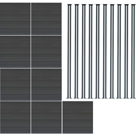 Kit Clôture 9 Panneaux Composite Plastique Gris 10 Lames à Emboîter 185 cm H x 1564cm L & 9 Poteaux en Aluminium à LED Solaires Texture de Bois Reversible PVC Brise-Vue Extérieur Jardin Mur d'Intimité