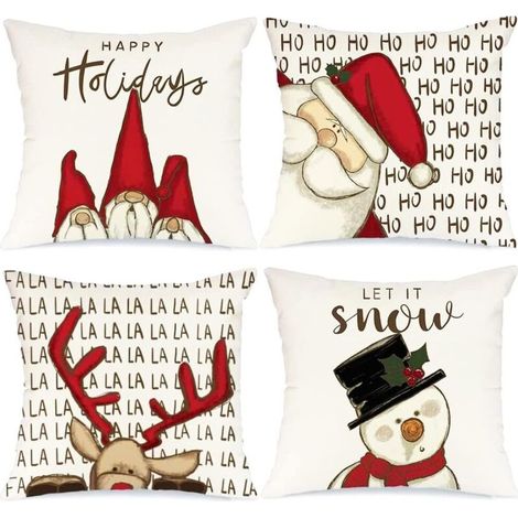 Coussin Decoration Canapé 40x40 Cm Deco Housse Decoratifs pour Canapes Interieur Christmas Salon Maison Blanc 16 Taie Père Noël élans Cadeaux 4 Pièces Polyester (1/4)
