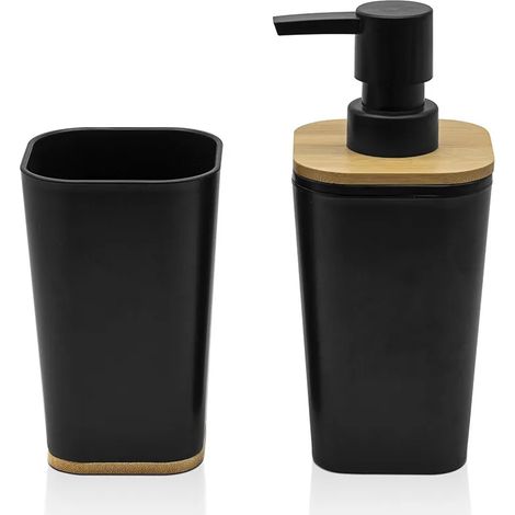Set bagno dispenser e portaspazzolino nero opaco con dettagli in bambù (1/5)