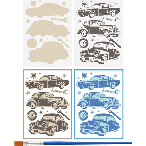 2Pcs Pochoir à Motifs de Voitures Classiques Superposés Avec Un Pinceau 29.7x21cm Pneus de Voiture Clés Pochoirs de Peinture Pochoirs de Dessin D'Étoiles Modèles de Thèmes de Transport (1/5)