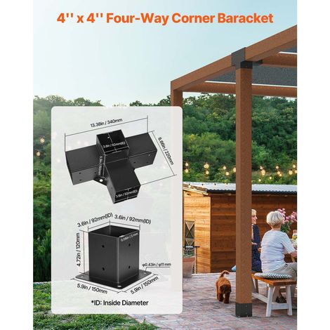 Kit support pergola 4x4 pouce (int. 92x92 mm), 2 etr. 4 voies renf. acier carbone noir, socle poteau bricolage, montage facile abri jardin terrasse (1/5)