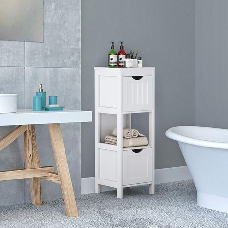 COSTWAY Badezimmerschrank schmal, freistehender Badschrank mit 2 herausnehmbaren Schubladen, offenen Regal & Kippersicherung, Aufbewahrungsschrank aus Holz für Badezimmer, 30 x 30 x 90 cm (Weiß)