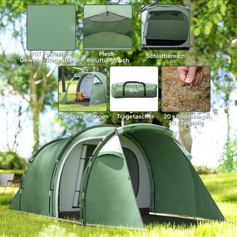 Tente tunnel 2-3 personnes, abri de camping avec auvent, crochet pour lampe, étanchéité 2000 mm, tente familiale anti-pluie, tente collective pour camping, voyage, randonnée, jardin, vert sombre