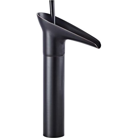 Robinet de lavabo cascade à poignée unique, montage sur plage, robinet de lavabo vasque monotrou, pour eau chaude et froide(noir, haut) (1/5)