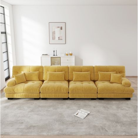 Divano angolare modulare 4 posti in chenille gialla, seduta profonda e configurazione personalizzabile (1/5)