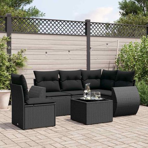Vidaxl – Salon de jardin 6 pcs avec coussins – Résine tressée noire – Table en verre trempé – Rangement sous les sièges (1/3)