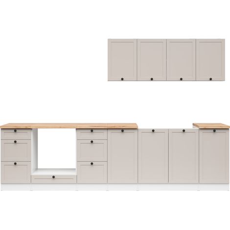 Cuisine complète 300 cm,Ensemble de meuble de cuisine coloris blanc/uni cachemire, plan de travail chêne doré inclus (1/4)