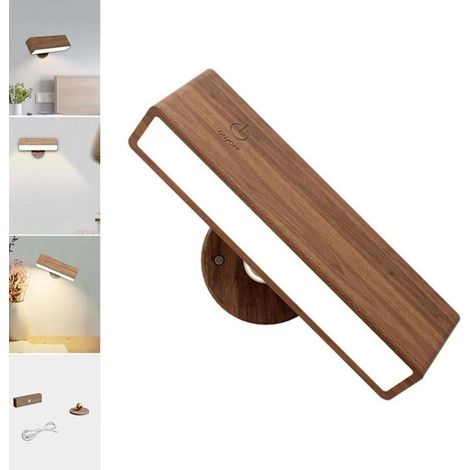 Applique murale - Applique murale en bois pour chambre - Veilleuse - Lampe de chevet - Applique murale à piles - Applique murale magnétique - Couleur noyer (1/5)