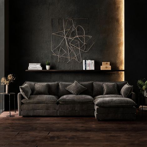 Canapé d'angle L 3 places en tissu chenille gris foncé avec pouf (1/5)