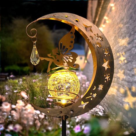 Lanterne solaire lune en métal verre craquelé étanche, éclairage féerique décoratif pour terrasse cour, cadeau idéal pour femme et mère (1/5)
