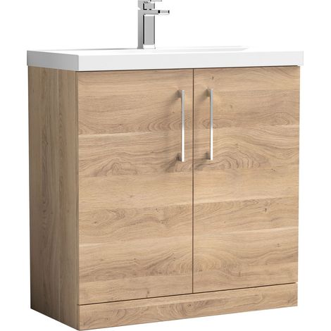Balterley Contemporary Bathroom Floor Standing 2 Soft-Close Door Vanity Unit & Mid-Edge Ceramic Basin, Bleached Oak, 800 mm